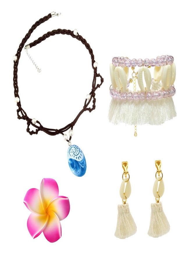 زيبويو طقم قلادة أميرة موانا من زيبويو® للبنات، طقم من 4 قطع مجوهرات شاطئية، خلخال من الصدف، قلادة، أقراط بشرابة من الصدف، ومشبك زهور، إكسسوارات زي تنكري لشخصية موانا - Image 1